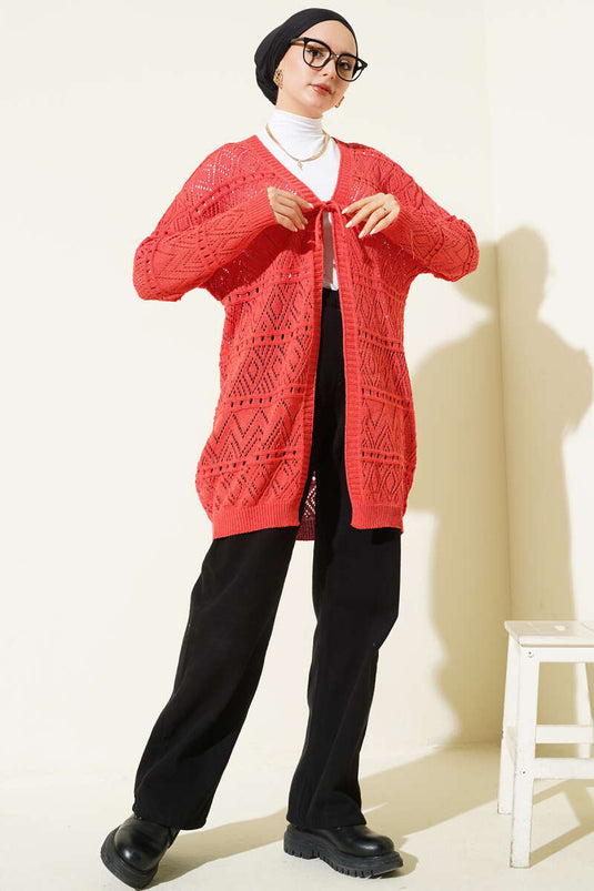 Coral Patterned Knit Cardigan with Tie Strings