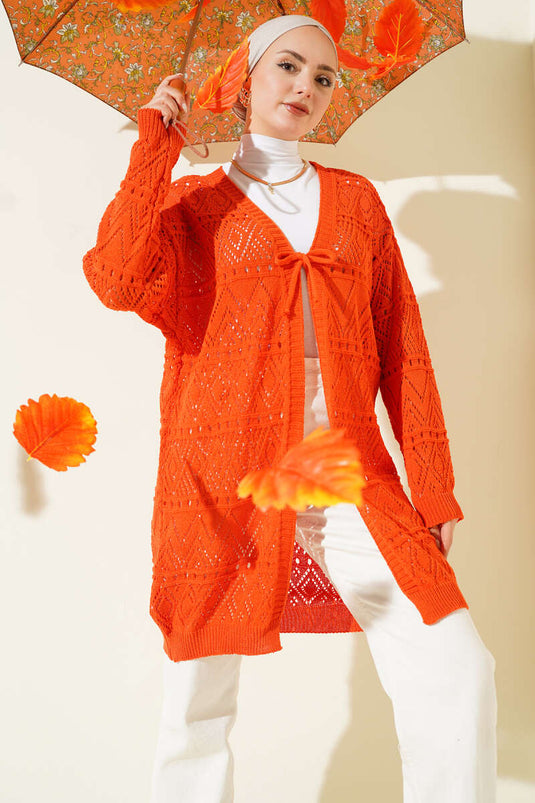 كارديغان محبوك مزخرف مع رباط عنق برتقالي