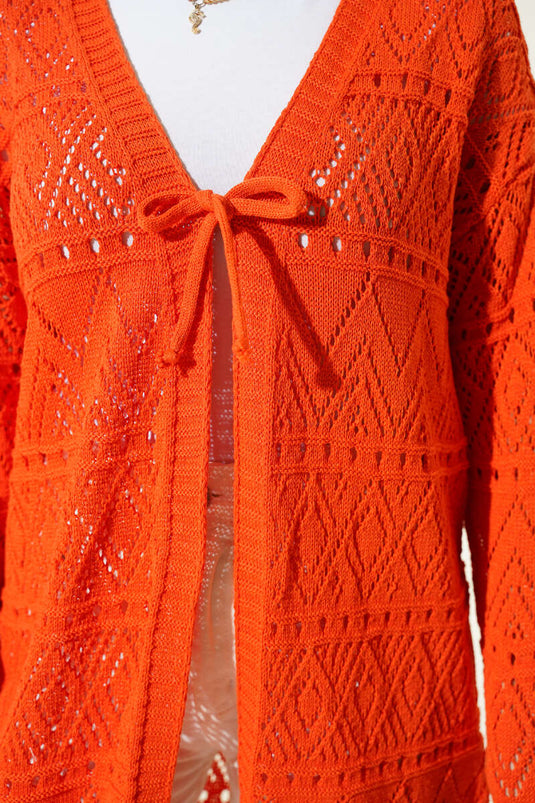 كارديغان محبوك مزخرف مع رباط عنق برتقالي