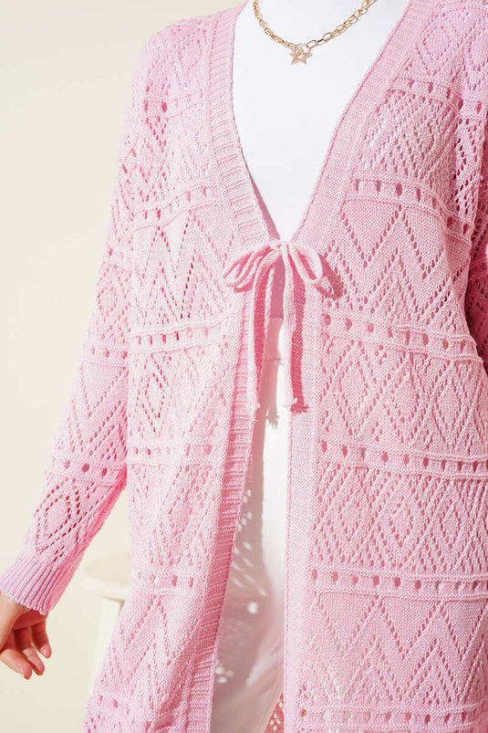 İp Bağlamalı Desenli Triko Hırka Pembe