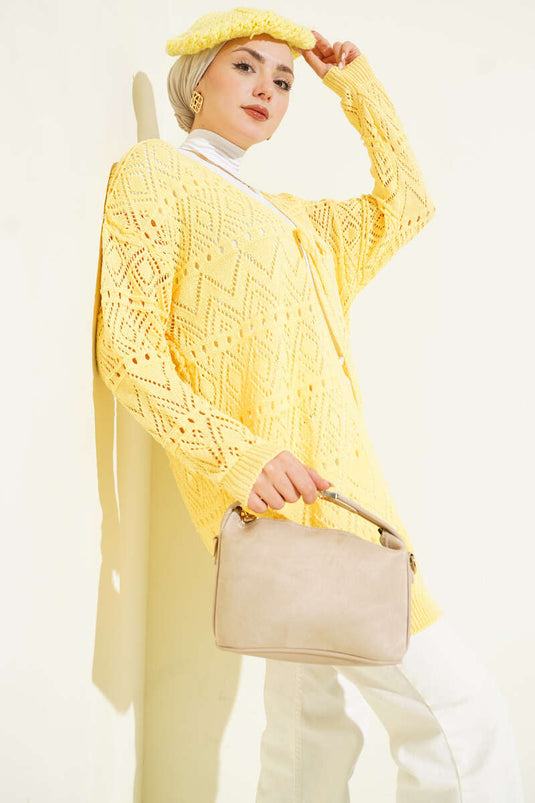 Cardigan en tricot à motif avec lien à nouer jaune