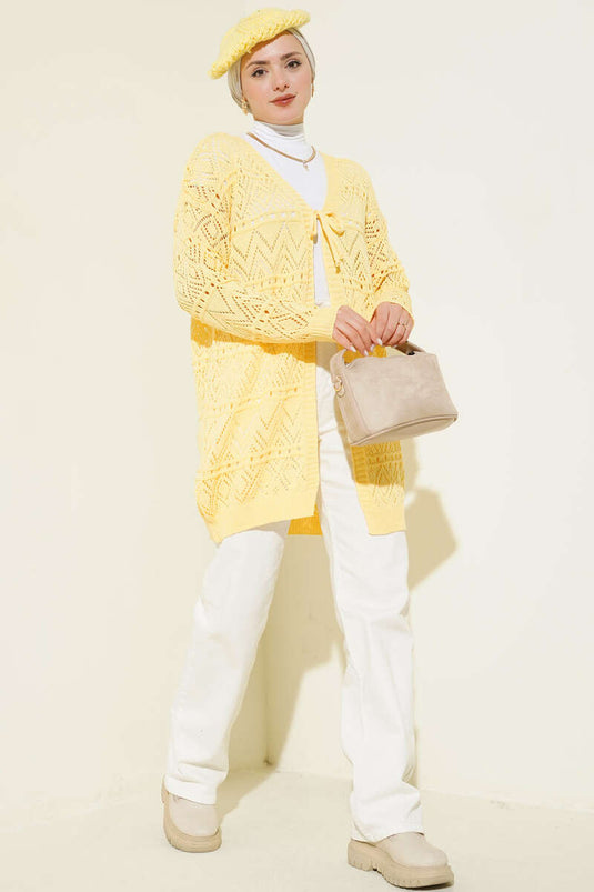 Cardigan en tricot à motif avec lien à nouer jaune