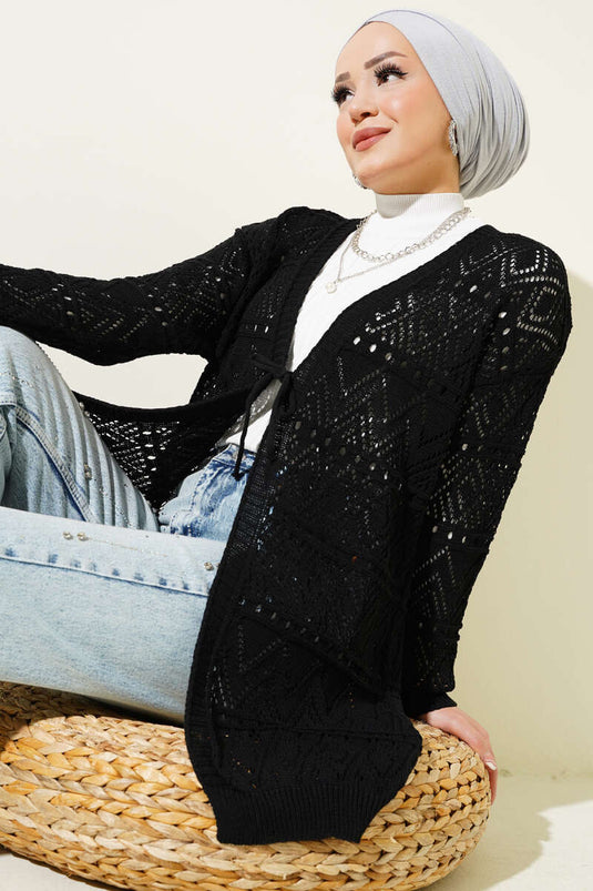 Cardigan en tricot à motif avec lien à nouer Noir