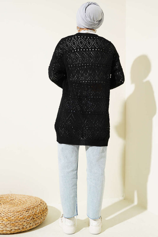 Strickjacke mit Muster und Kordelzug Schwarz
