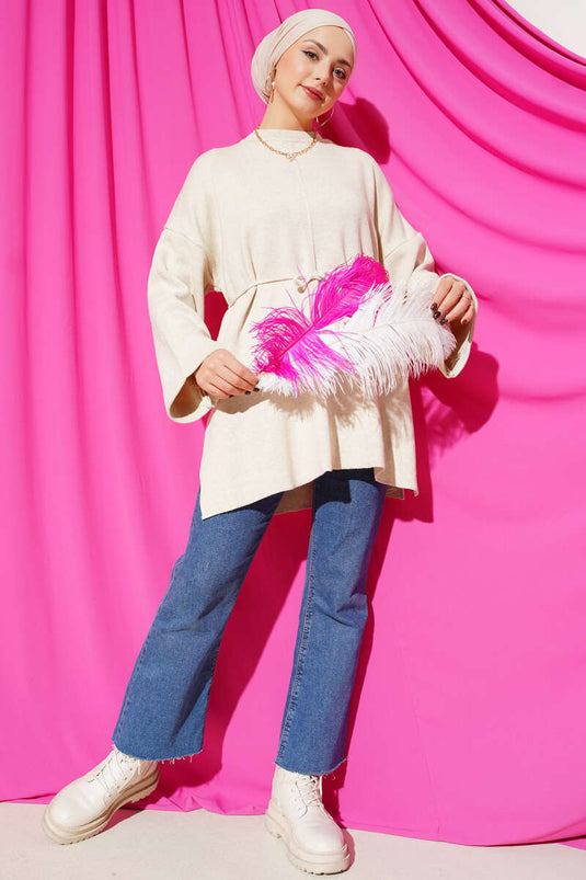 İp Bağlamalı Duble Kol Triko Tunik Bej