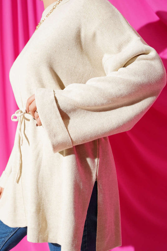 İp Bağlamalı Duble Kol Triko Tunik Bej