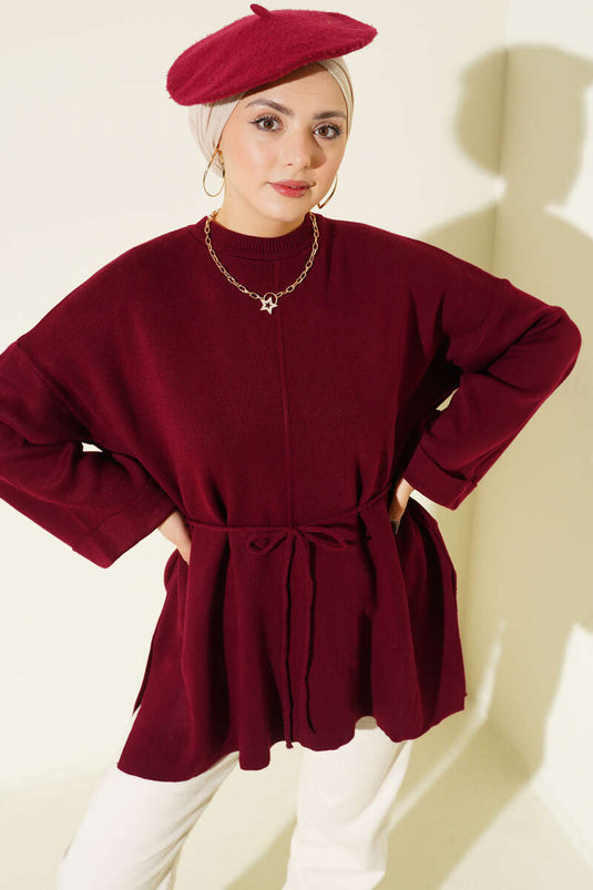 تونيك تريكو بأكمام مزدوجة مع رباط عنق باللون العنابي