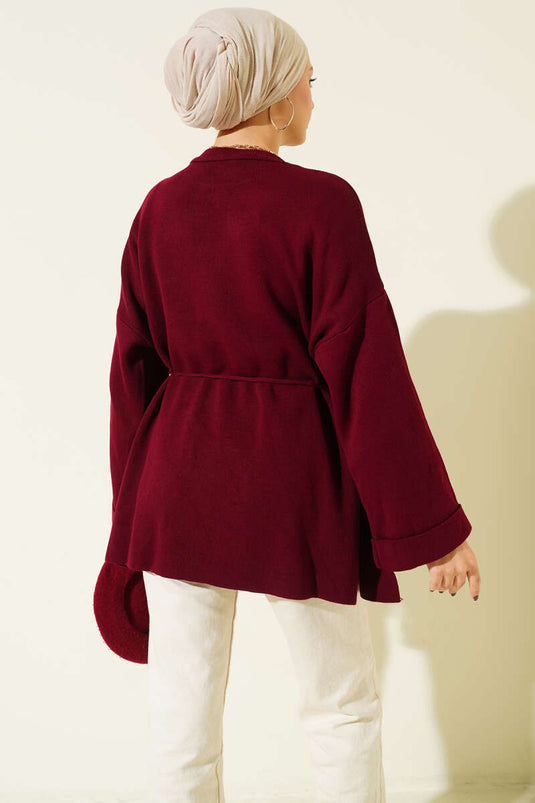 تونيك تريكو بأكمام مزدوجة مع رباط عنق باللون العنابي