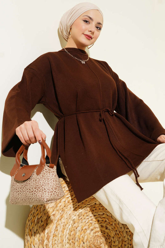 İp Bağlamalı Duble Kol Triko Tunik Kahve