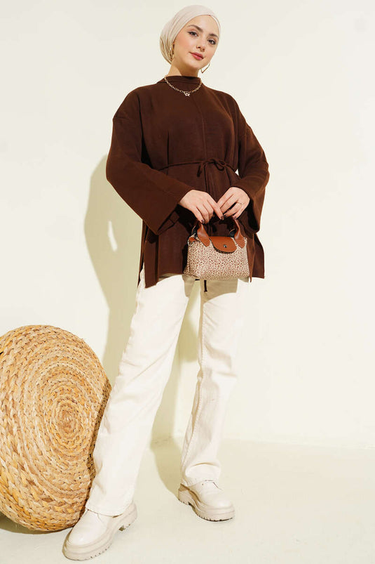 İp Bağlamalı Duble Kol Triko Tunik Kahve