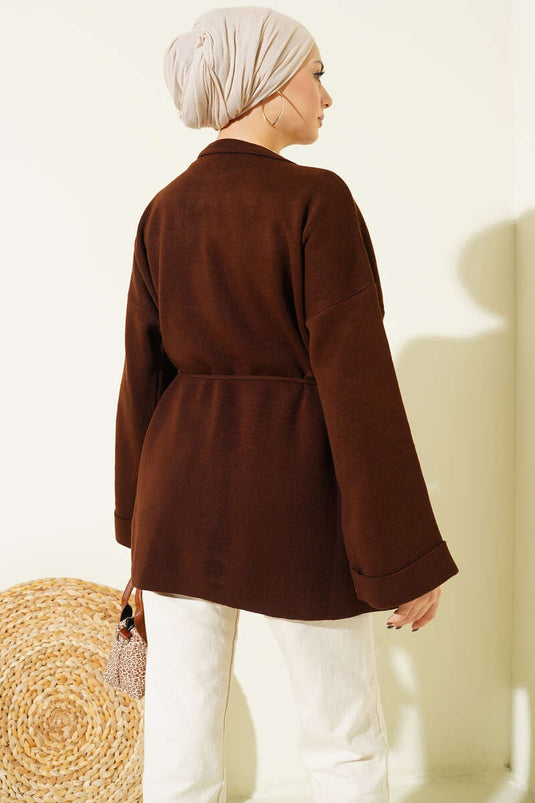 İp Bağlamalı Duble Kol Triko Tunik Kahve