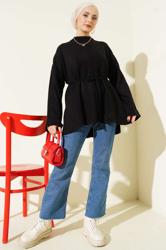 İp Bağlamalı Duble Kol Triko Tunik Siyah