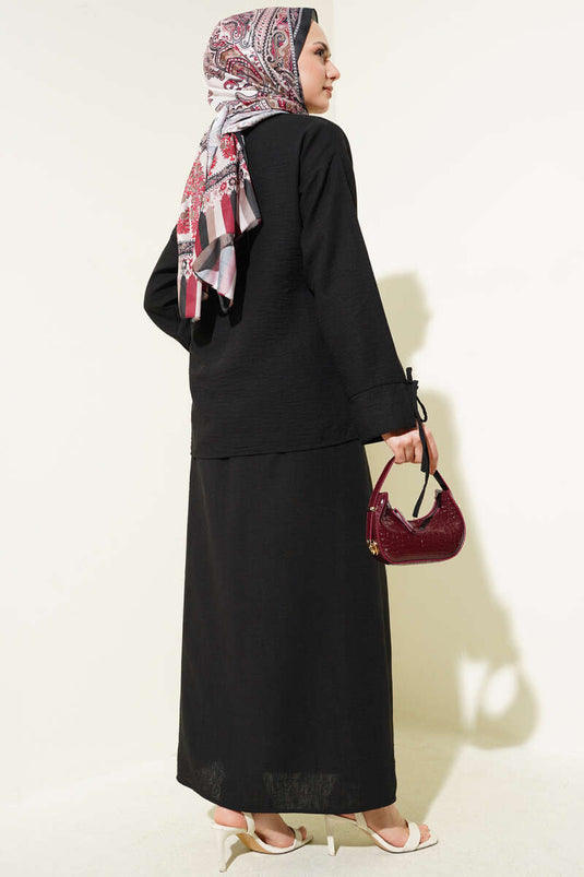 Completo due pezzi in lino con gonna con nodo in corda, nero