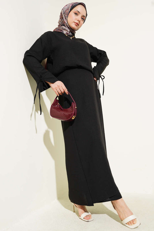 Completo due pezzi in lino con gonna con nodo in corda, nero