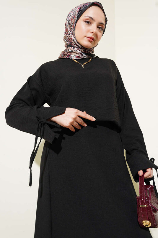 Completo due pezzi in lino con gonna con nodo in corda, nero