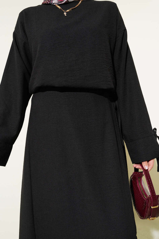 Completo due pezzi in lino con gonna con nodo in corda, nero