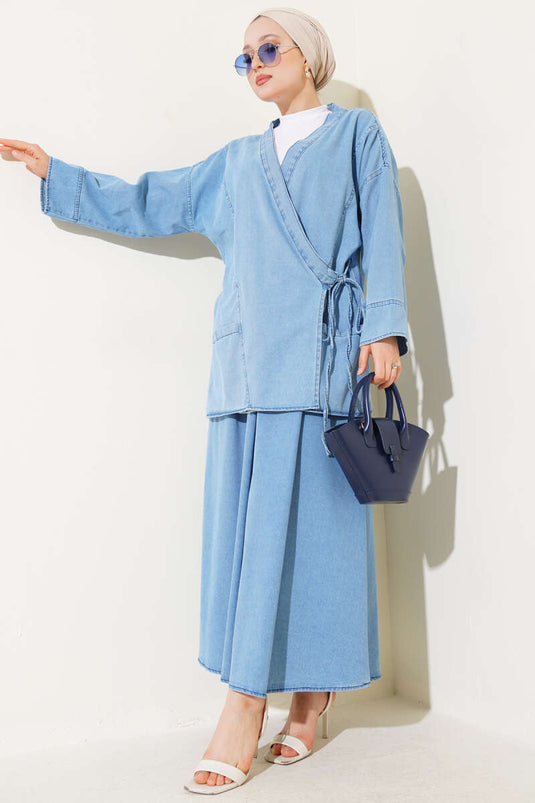 String Tied Skirted Denim Two Piece Set Light Denim