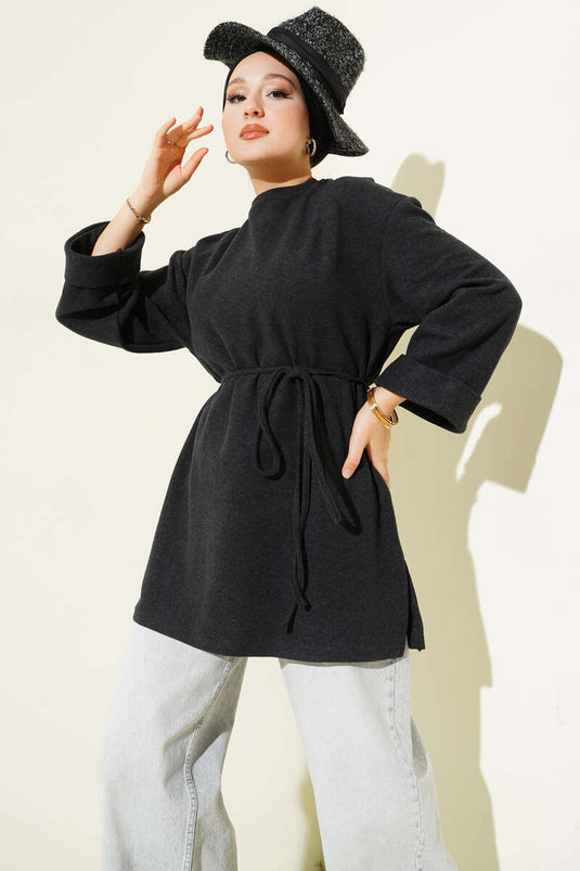 Tunique en velours côtelé anthracite à nouer une corde