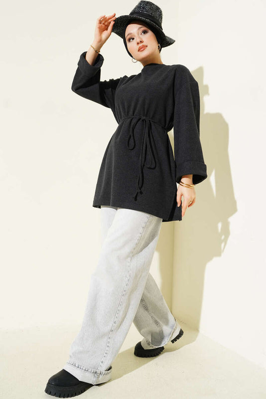 Tunique en velours côtelé anthracite à nouer une corde