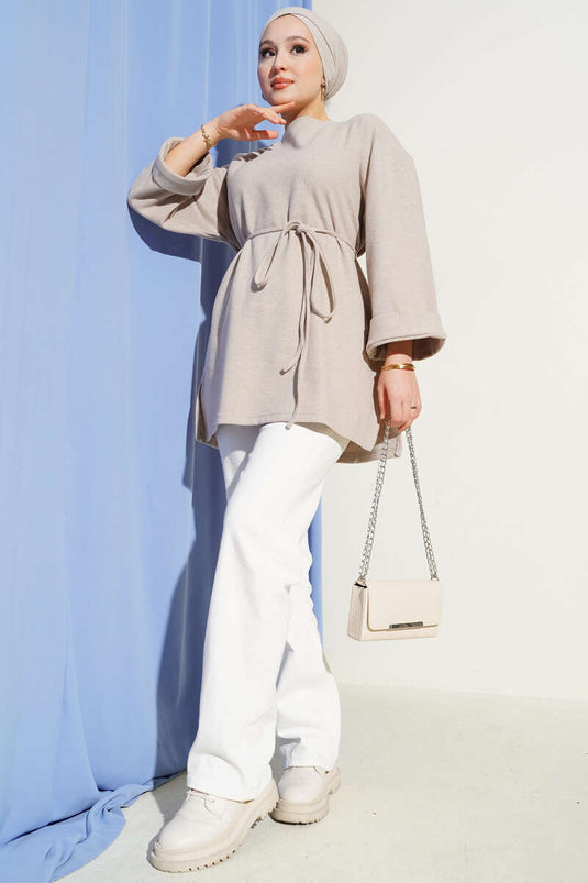Rope-Tied Corduroy Tunic Beige