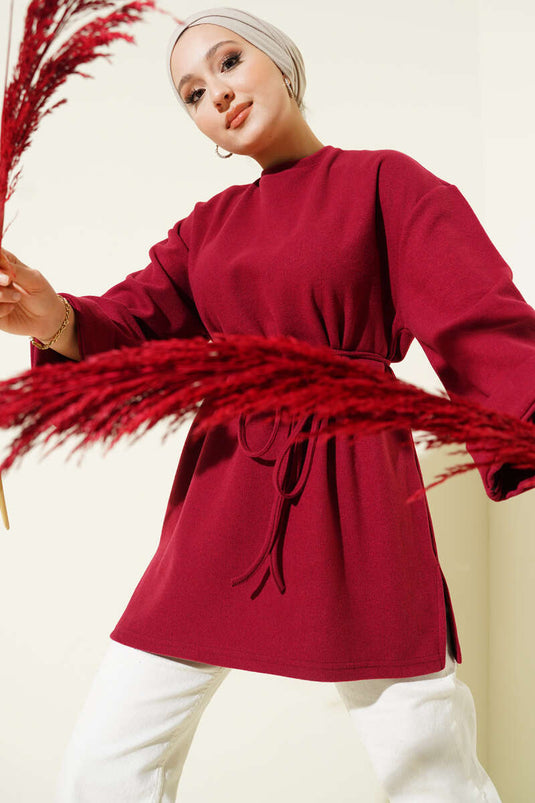 İp Bağlamalı Fitilli Kaşe Tunik Kırmızı