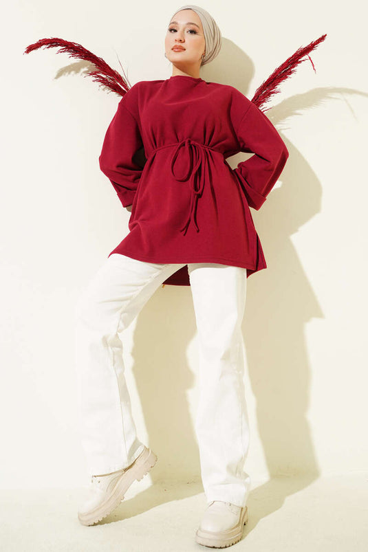 İp Bağlamalı Fitilli Kaşe Tunik Kırmızı