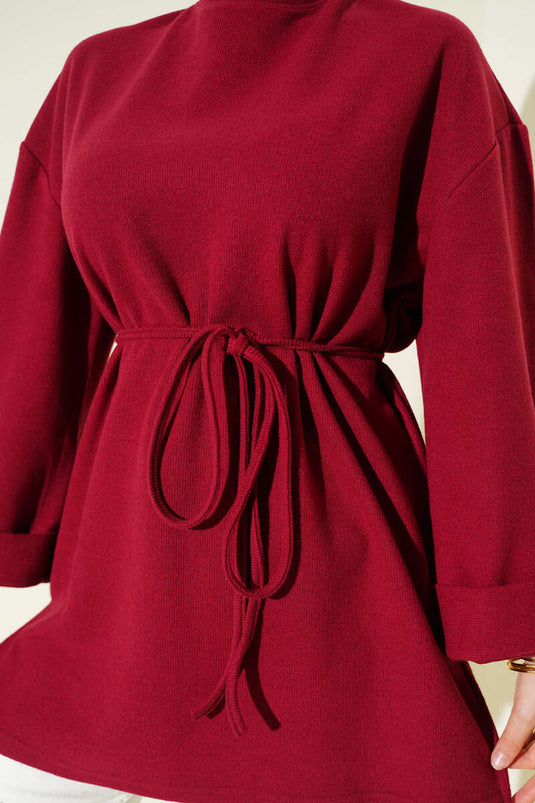 İp Bağlamalı Fitilli Kaşe Tunik Kırmızı