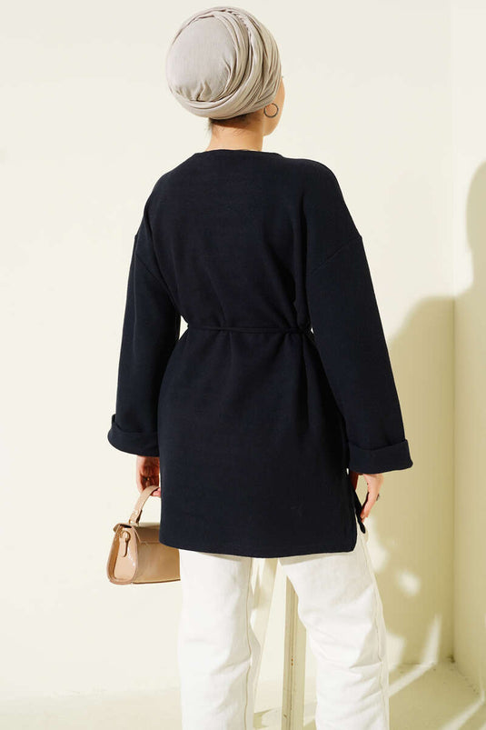 Tunique en velours côtelé bleu marine à nouer avec une corde