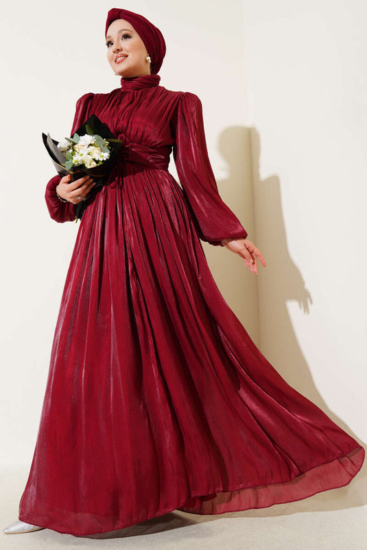 String Pleated Evening Dress Burgundy
