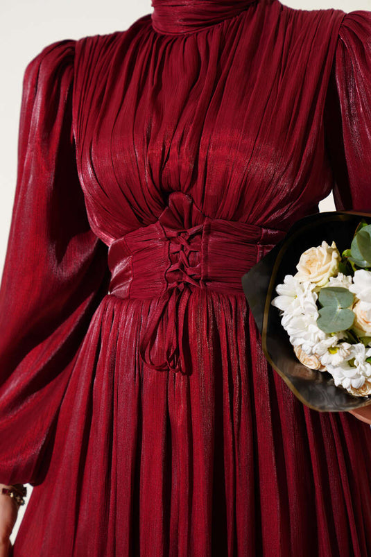 String Pleated Evening Dress Burgundy