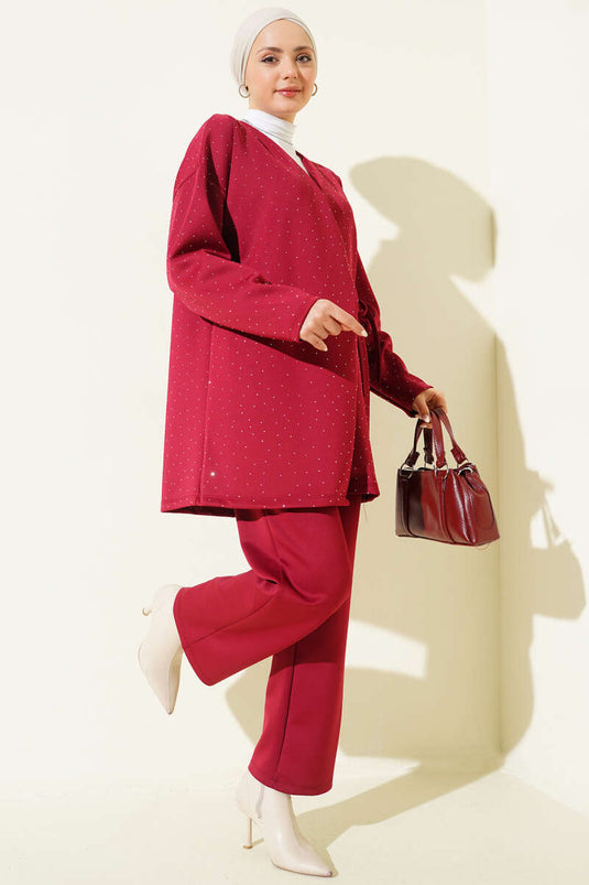 Stone-Embellished Scuba Two-Piece Set with Tie String Burgundy