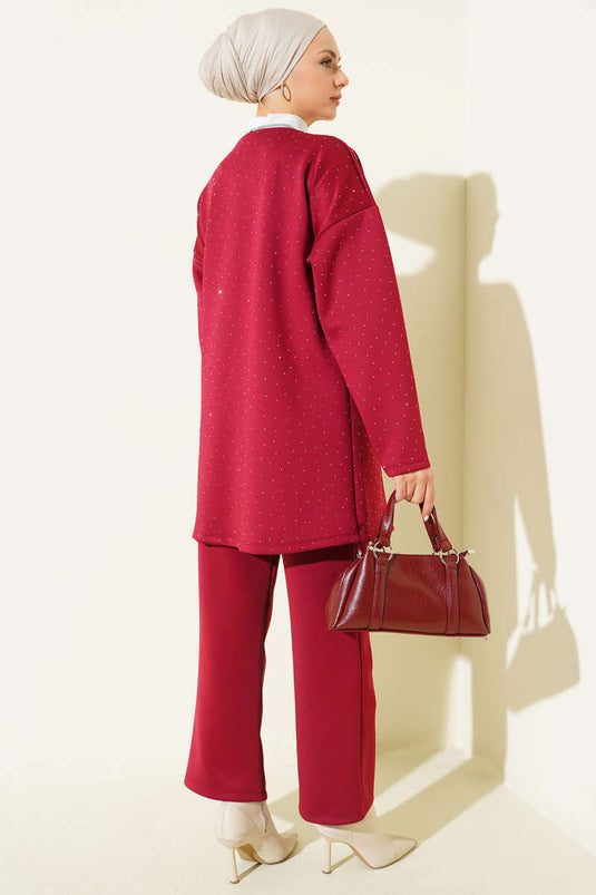 Stone-Embellished Scuba Two-Piece Set with Tie String Burgundy