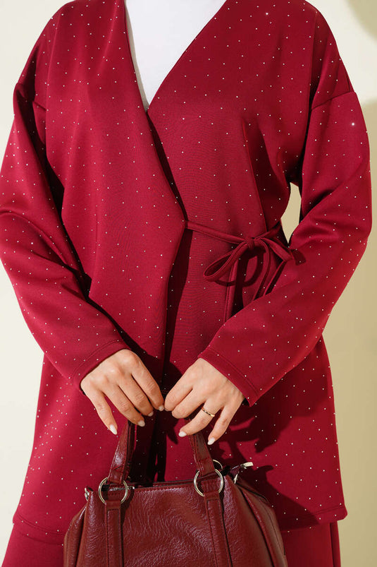 Stone-Embellished Scuba Two-Piece Set with Tie String Burgundy