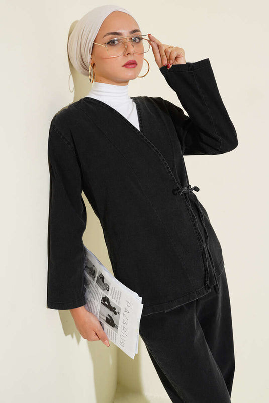 Rope-Tied V-Neck Denim Two-Piece Set Anthracite