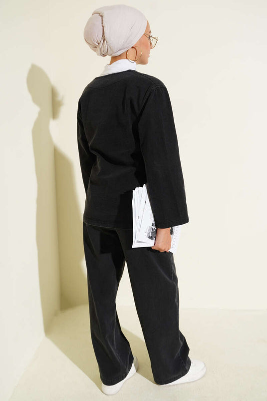 Rope-Tied V-Neck Denim Two-Piece Set Anthracite