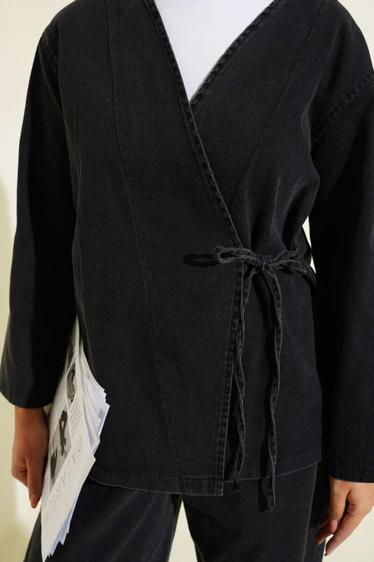 Rope-Tied V-Neck Denim Two-Piece Set Anthracite