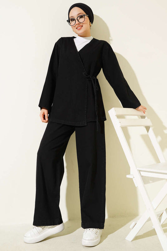 Rope-Tied V-Neck Denim Two-Piece Set Black