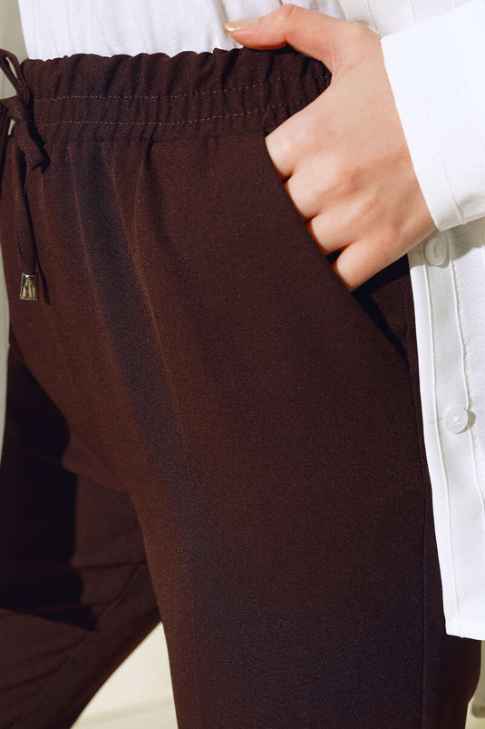 İp Detaylı Beli Lastikli Dar Paça Acı Kahve Pantolon