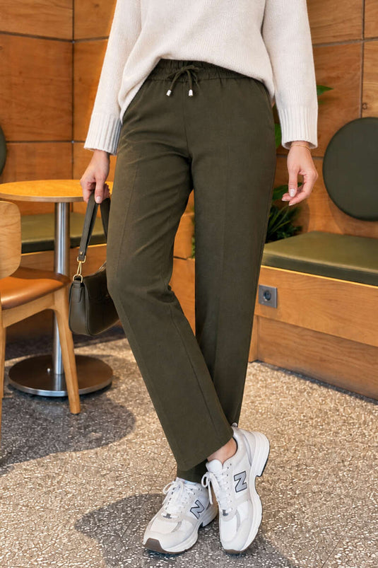 Haki Slim Fit Pants With Drawstring Waist And Side Pockets