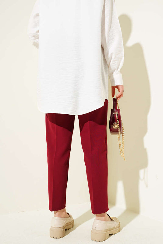 Pantaloni Bordeaux a Gamba Stretta con Vita Elastico e Dettaglio a Corda