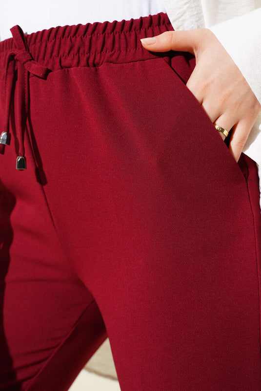 Pantaloni Bordeaux a Gamba Stretta con Vita Elastico e Dettaglio a Corda
