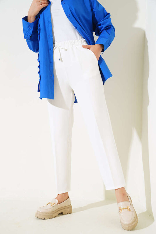 İp Detaylı Beli Lastikli Dar Paça Ekru Pantolon