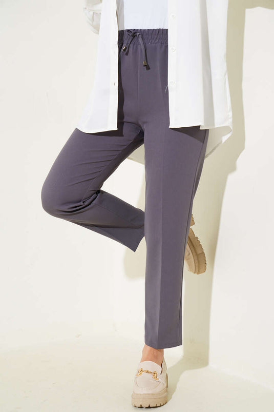 İp Detaylı Beli Lastikli Dar Paça Füme Pantolon