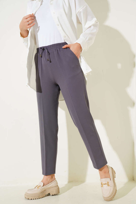 İp Detaylı Beli Lastikli Dar Paça Füme Pantolon