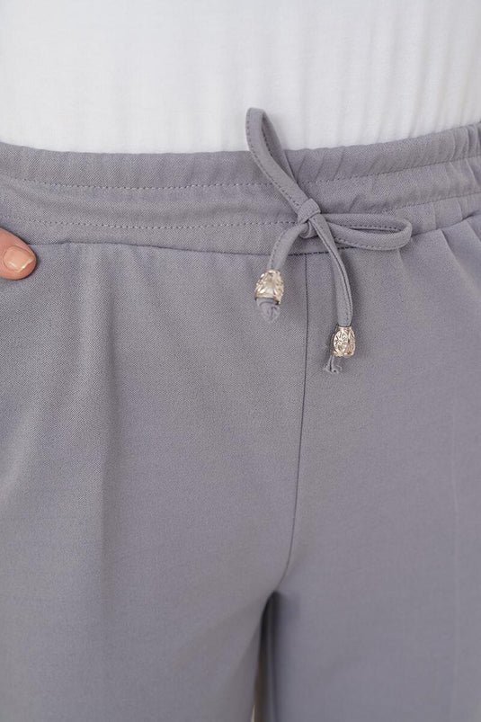İp Detaylı Beli Lastikli Dar Paça Gri Pantolon