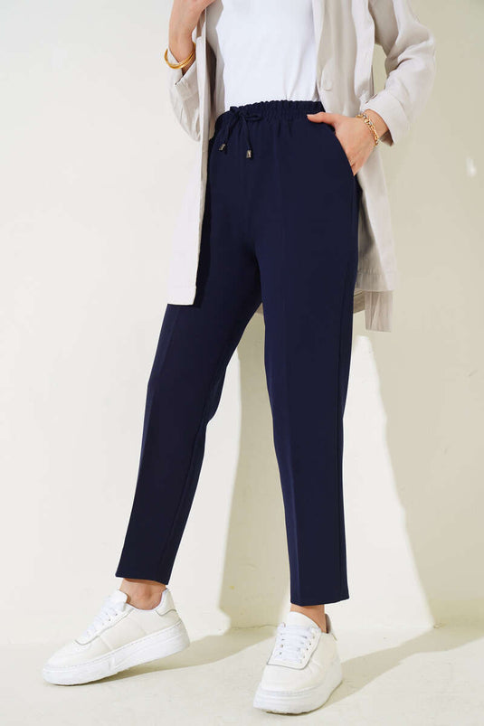 Navy Blue Slim Fit Pants with Drawstring and Elastic Waist