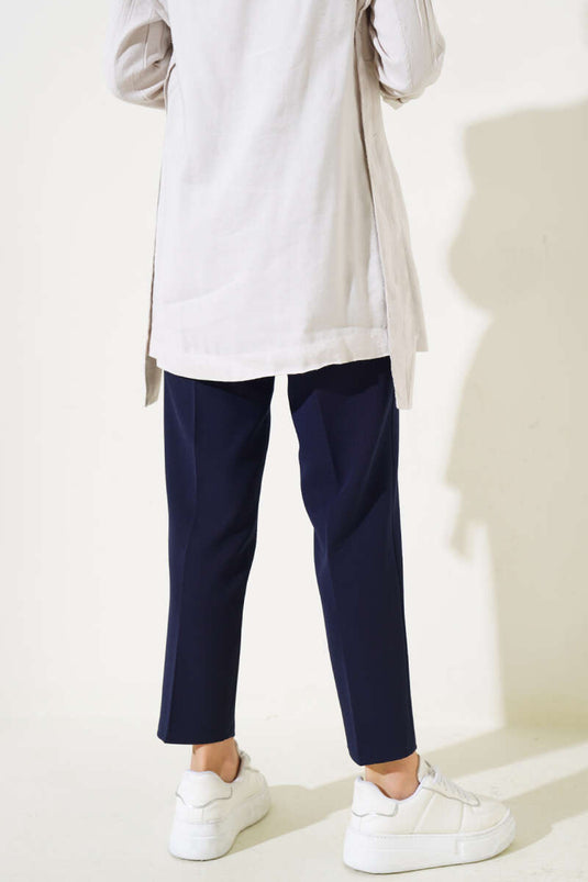 Navy Blue Trousers with Drawstring Detail and Elastic Waist, Narrow Leg