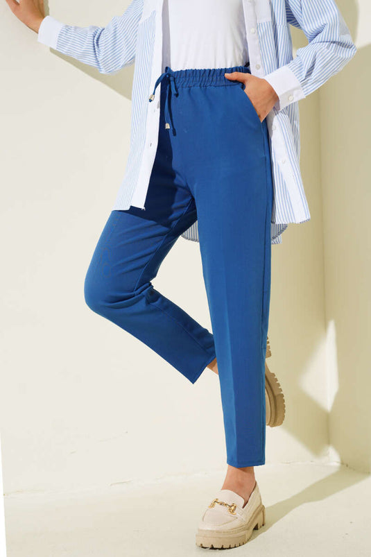 İp Detaylı Beli Lastikli Dar Paça Pers Mavi Pantolon