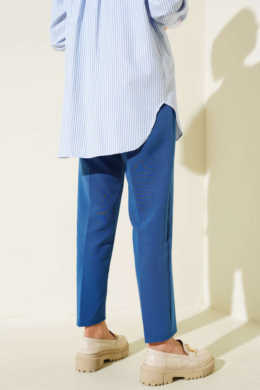 İp Detaylı Beli Lastikli Dar Paça Pers Mavi Pantolon