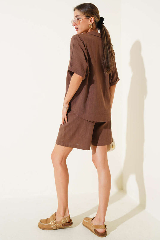 Two-Piece Set of Shorts with Drawstring Belt, Coffee